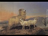 Heron Canvas Paintings - A Ewe with Lambs and a Heron Beside a Loch